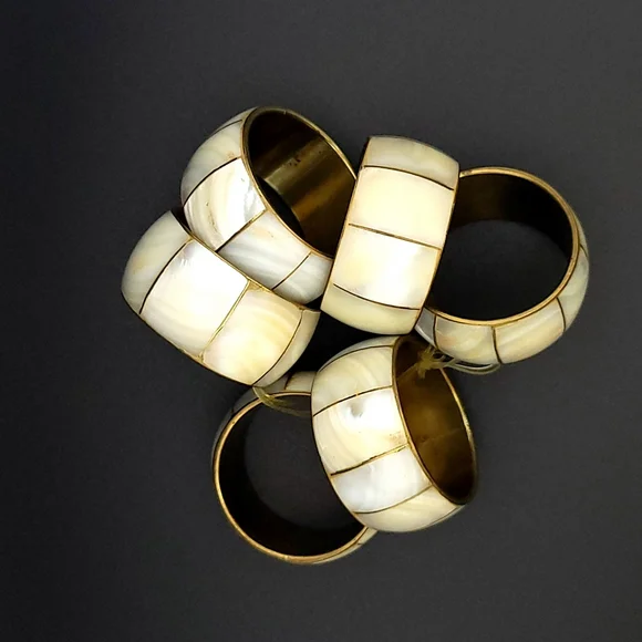 Vintage Brass Mother of Pearl Inlay Retro Dining Napkin Rings Set of 6 - Picture 4 of 6